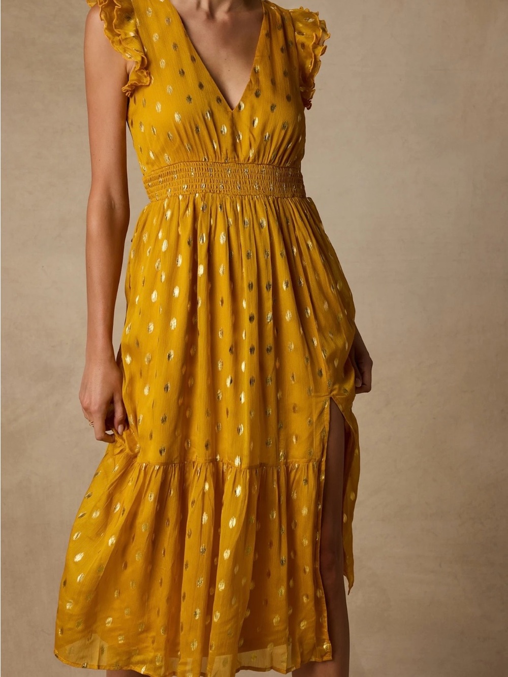 Lulu's Mustard Yellow Metallic Dot V-Neck Midi Dress